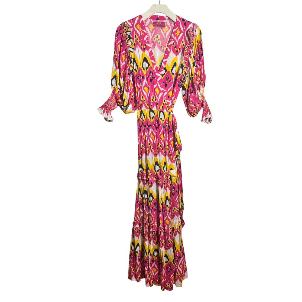 Figue Featherstone Ikat Maxi Wrap Dress Pink Yellow Geometric Puff Sleeve L Prep